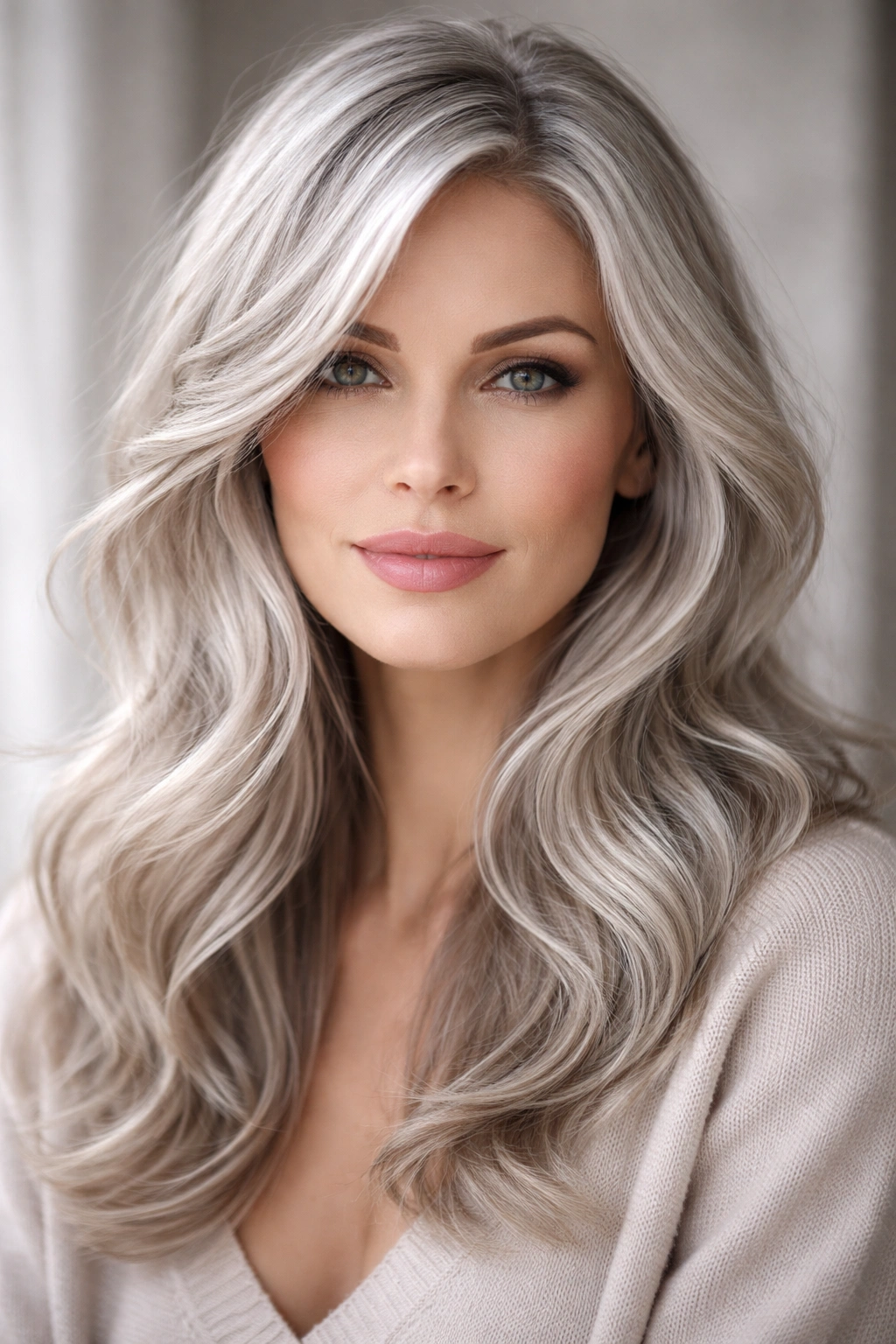 Close-up of silver hair with soft waves and face-framing layers