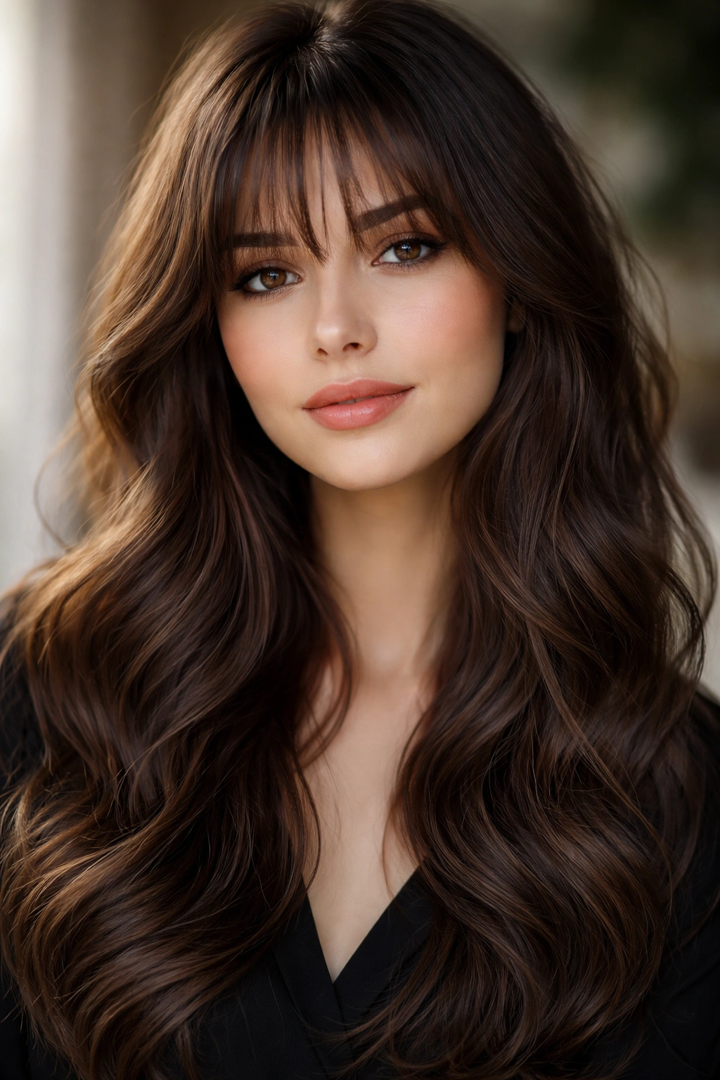 Brunette soft waves with wispy bangs framing the face