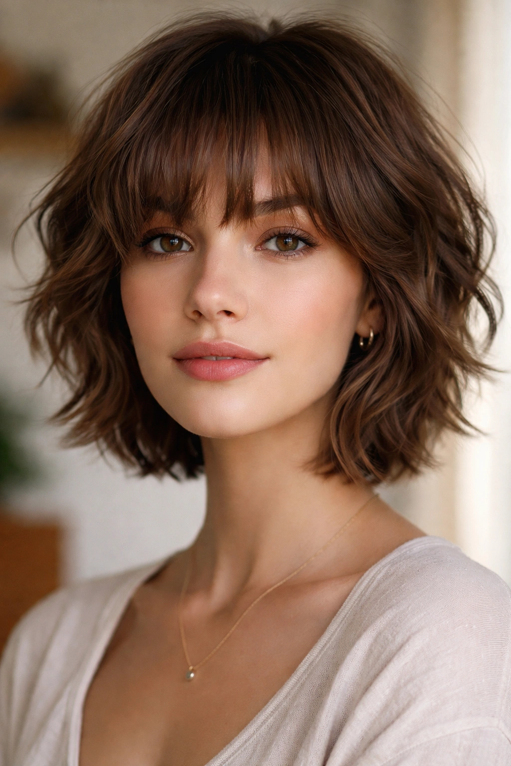 Soft wavy bangs with short layers framing eyes