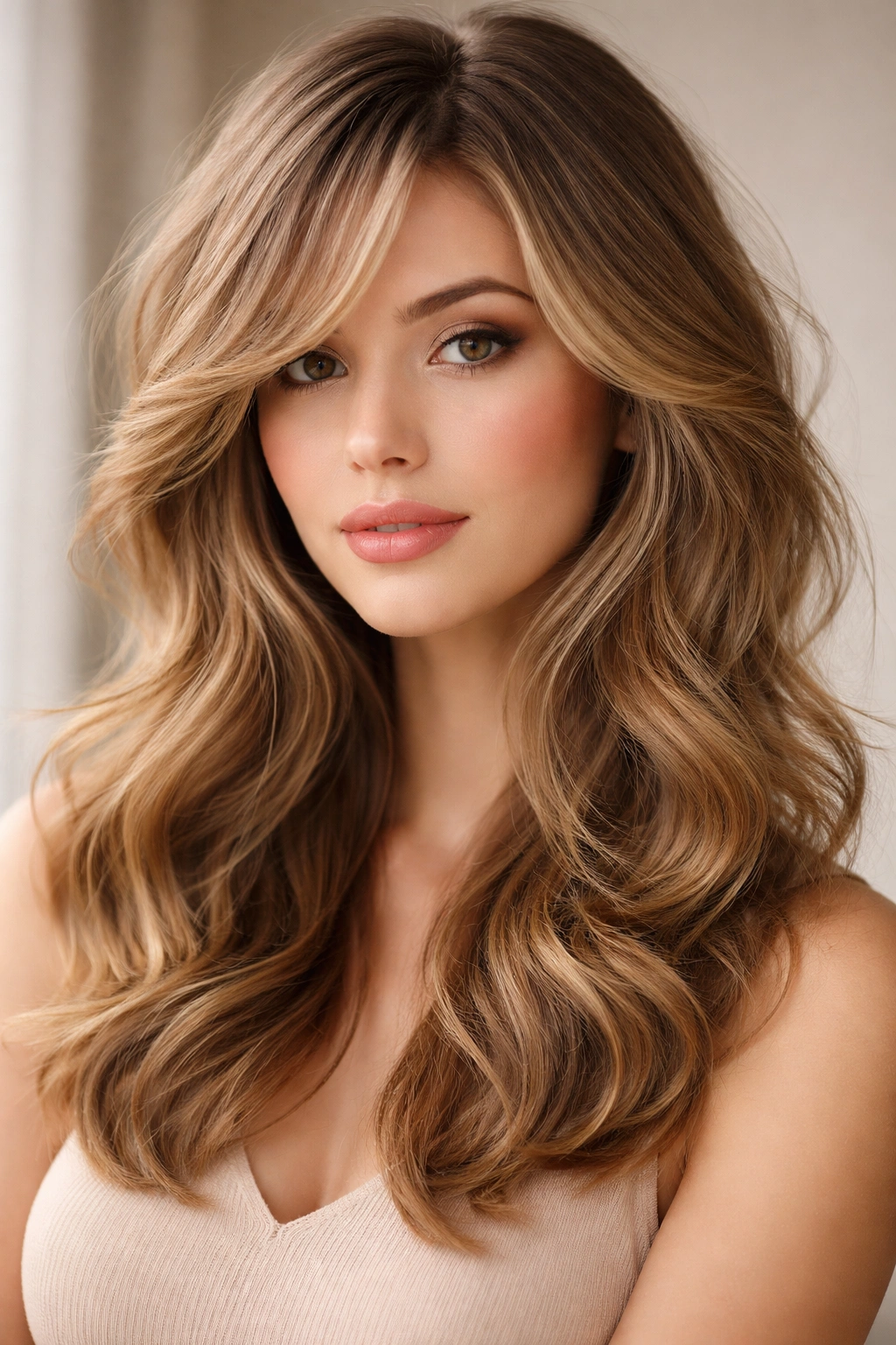 Close-up of soft wavy butterfly cut with side-swept bangs