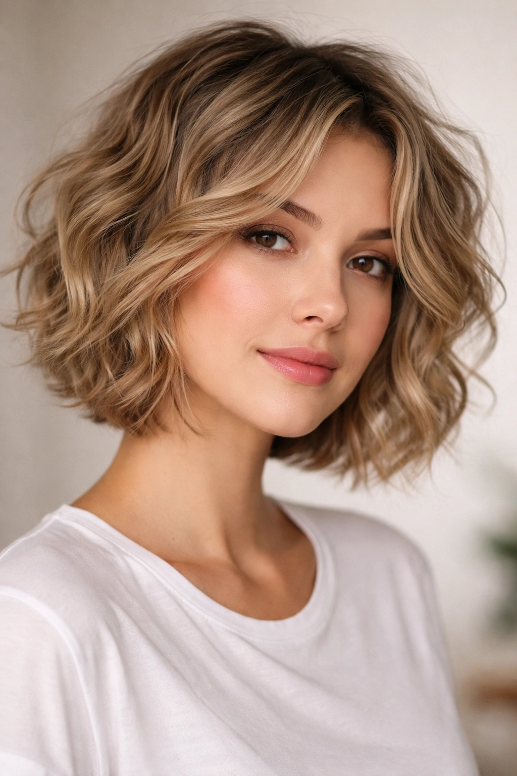 Close-up portrait of a person with a soft wavy crop featuring piece-y texture, chin-length waves