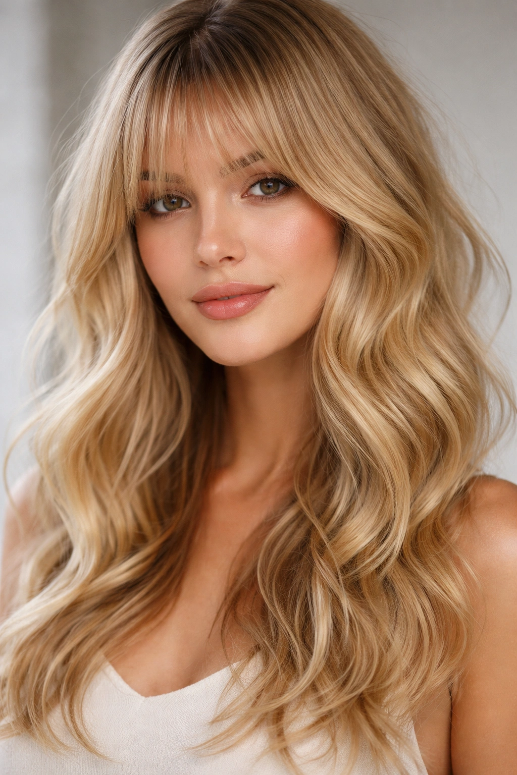 Close-up of soft wispy bangs blending into loose blonde waves under diffused studio light