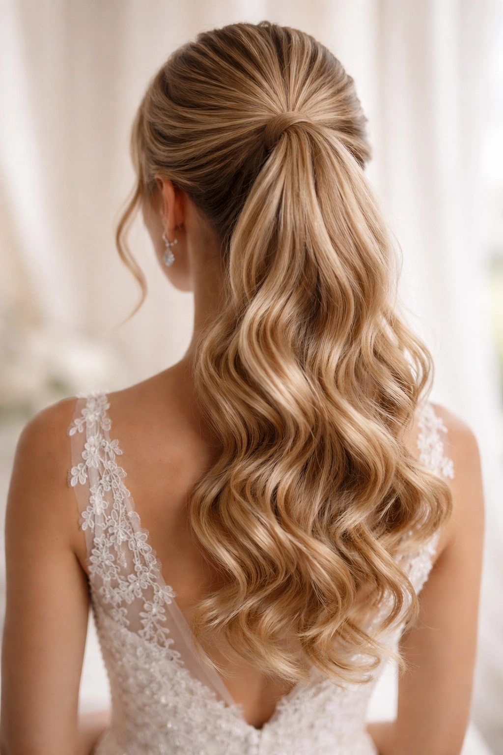 Close-up back view of a bridal ponytail with large curled waves and teased crown