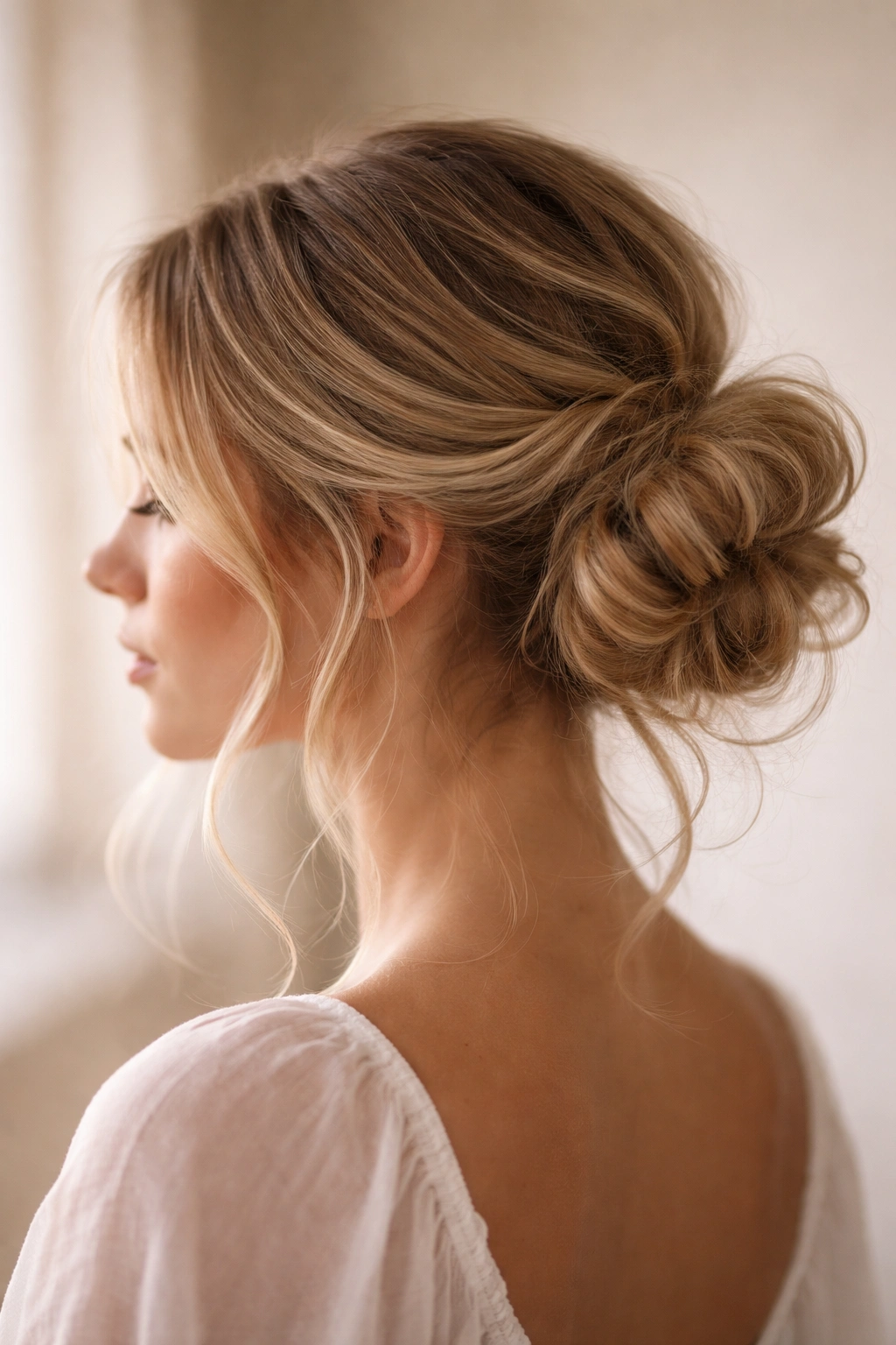 Soft side messy bun with light texture and warm glow