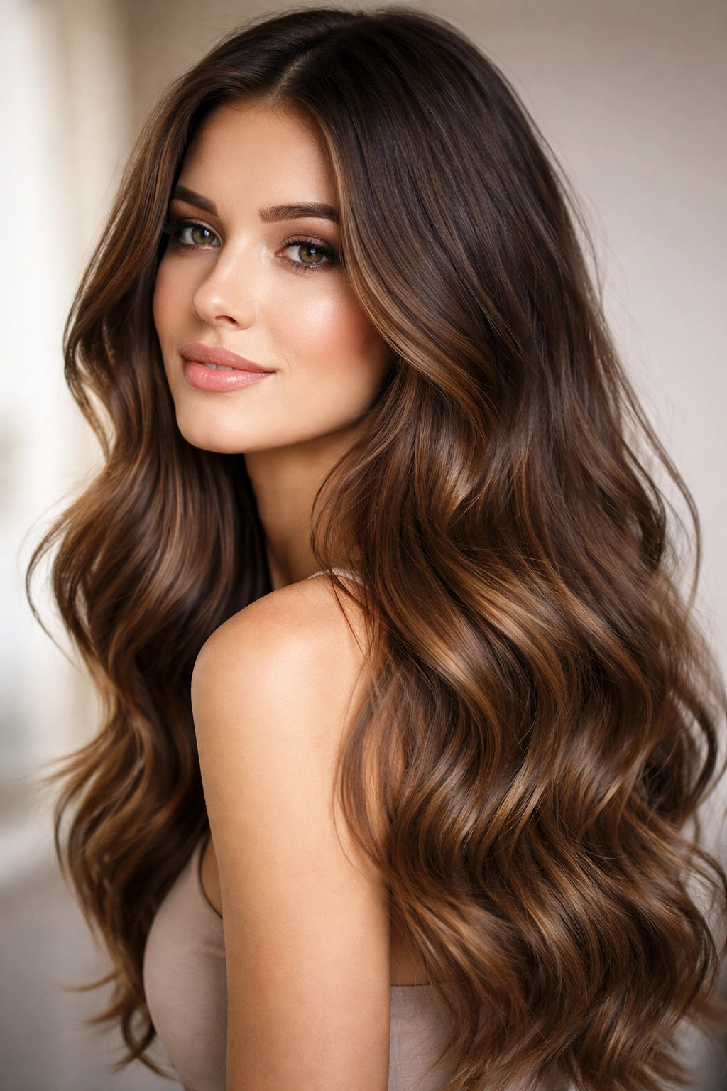Brunette to lighter end sombre ombre with soft waves.