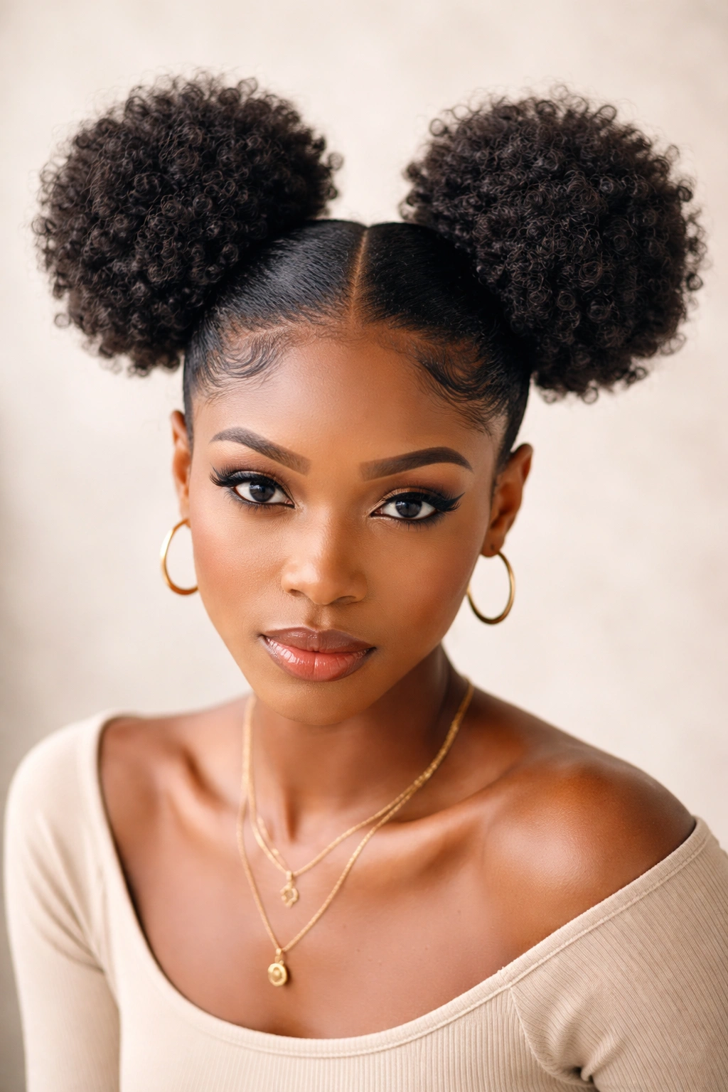Two space buns with a visible gap between them on top of the head