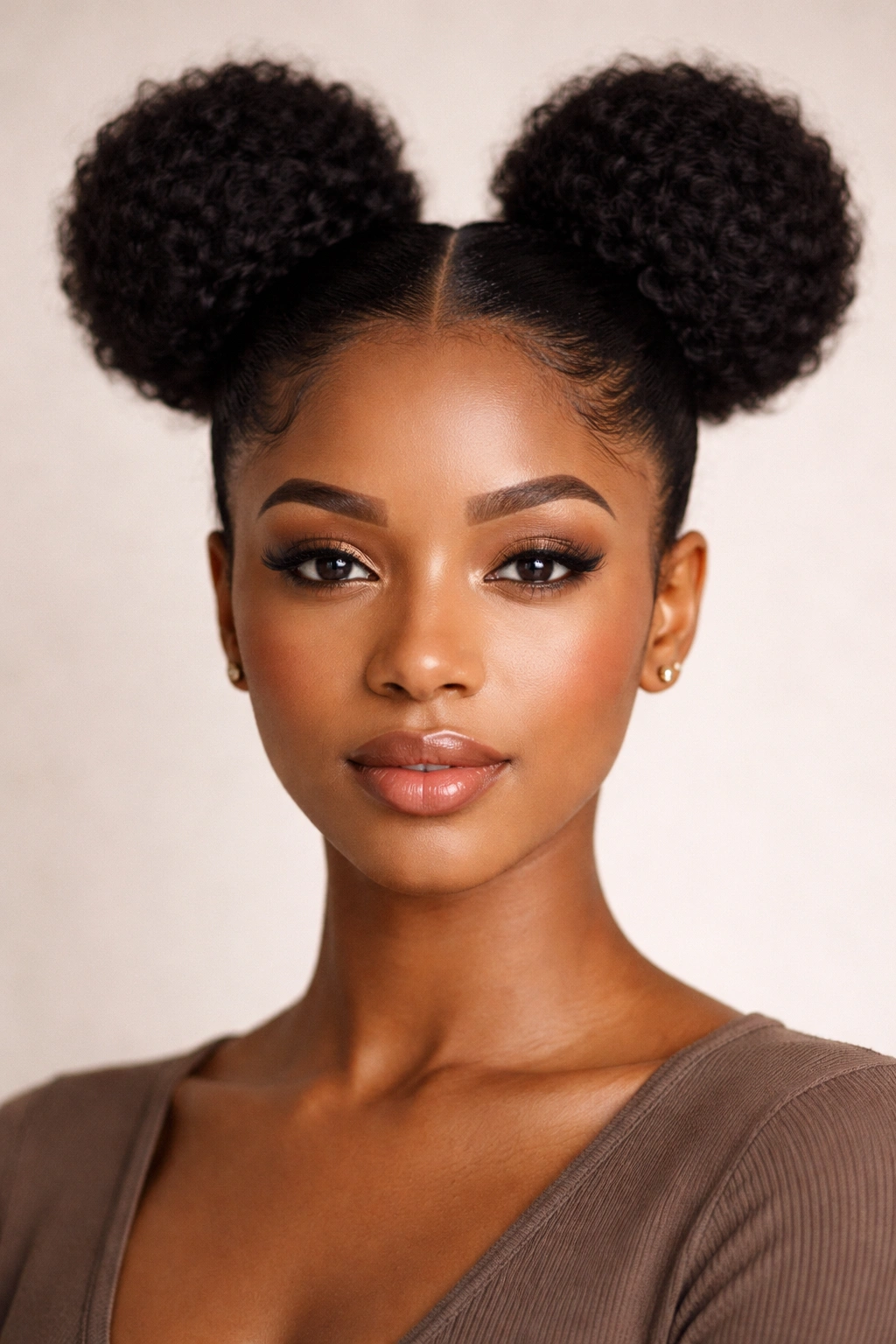 Close-up of two high space buns on Afro-textured hair with a middle part.