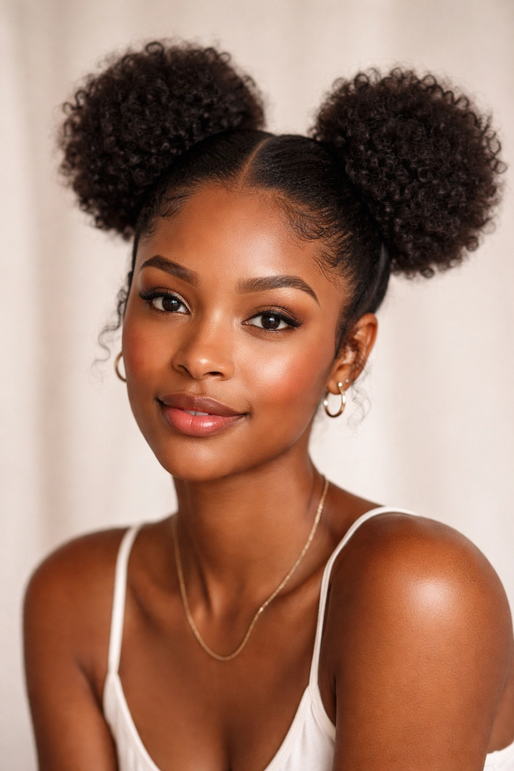 Close-up of space buns on natural afro with crown placement.