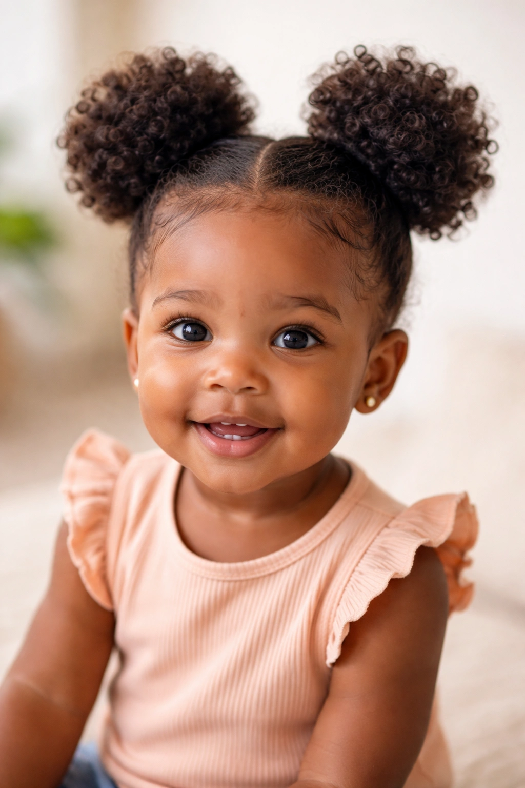 Two high space buns on top of a baby's head
