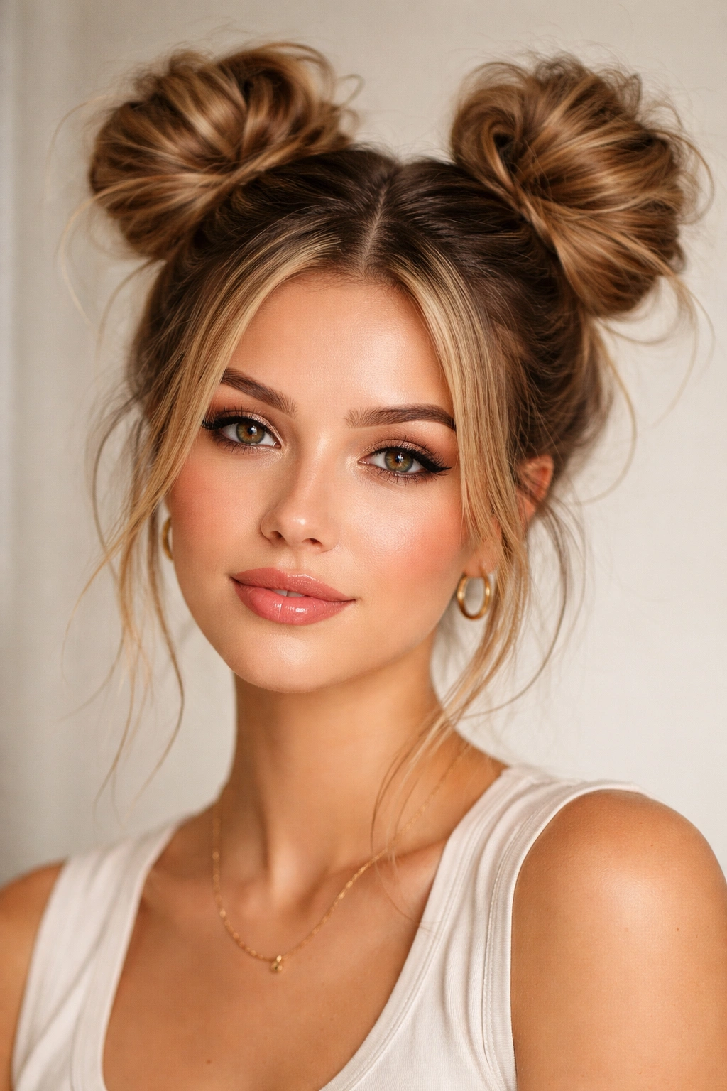 Two space buns on either side of the crown