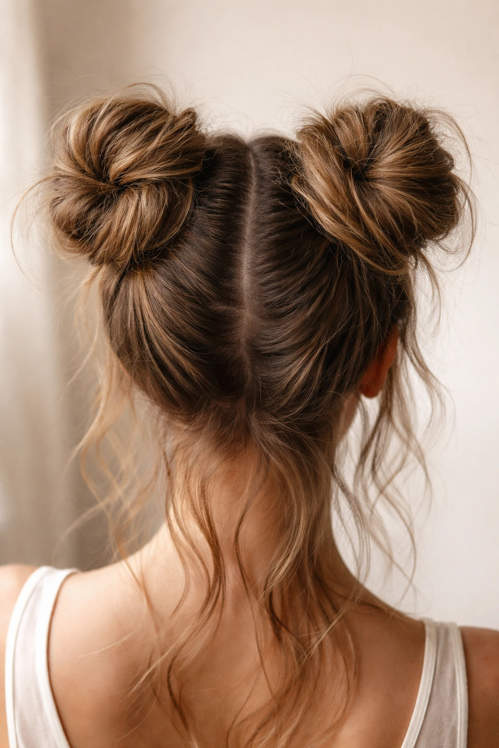 Two symmetrical space buns on top of the head with textured wraps