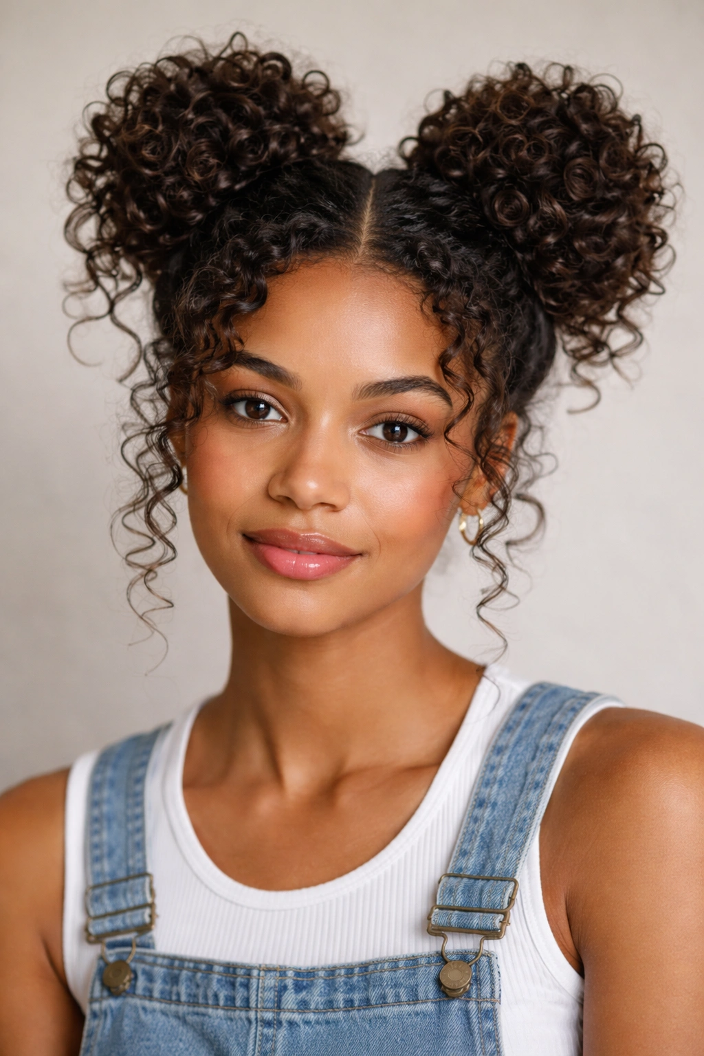 Two space buns with defined curls and curled volume