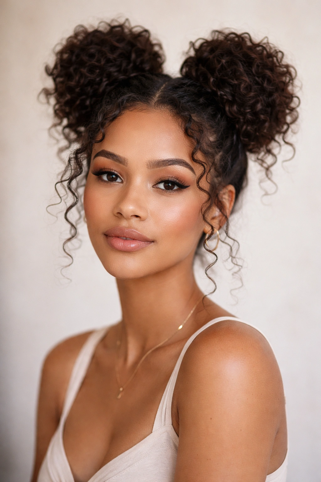 Front view of elevated space buns on curly hair