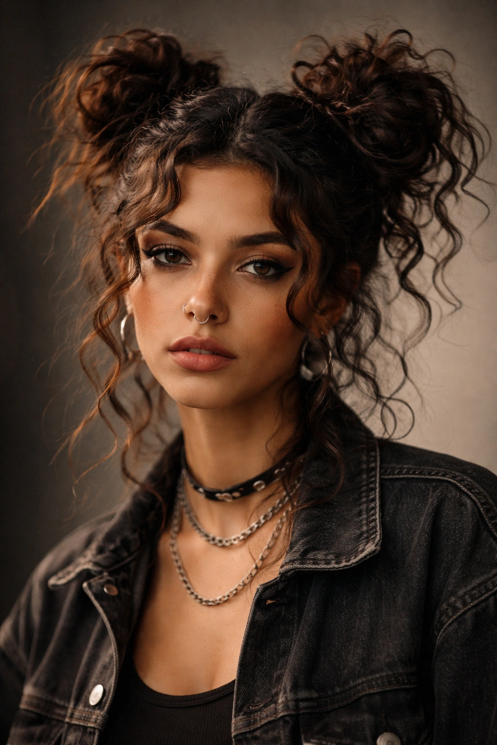 Two messy space buns on curly hair with curls escaping