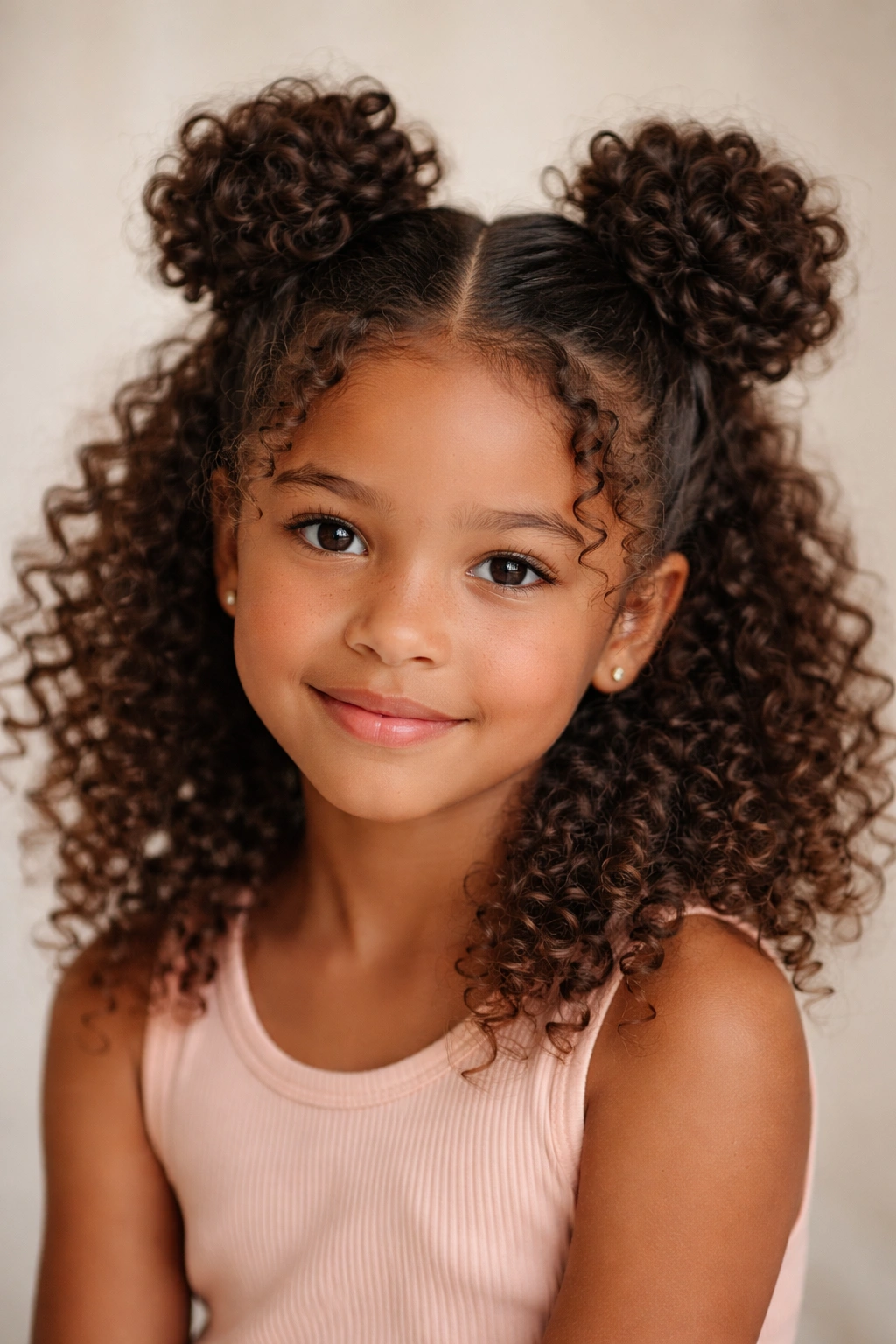 Close-up of a child’s curly hair styled into two space buns on the crown