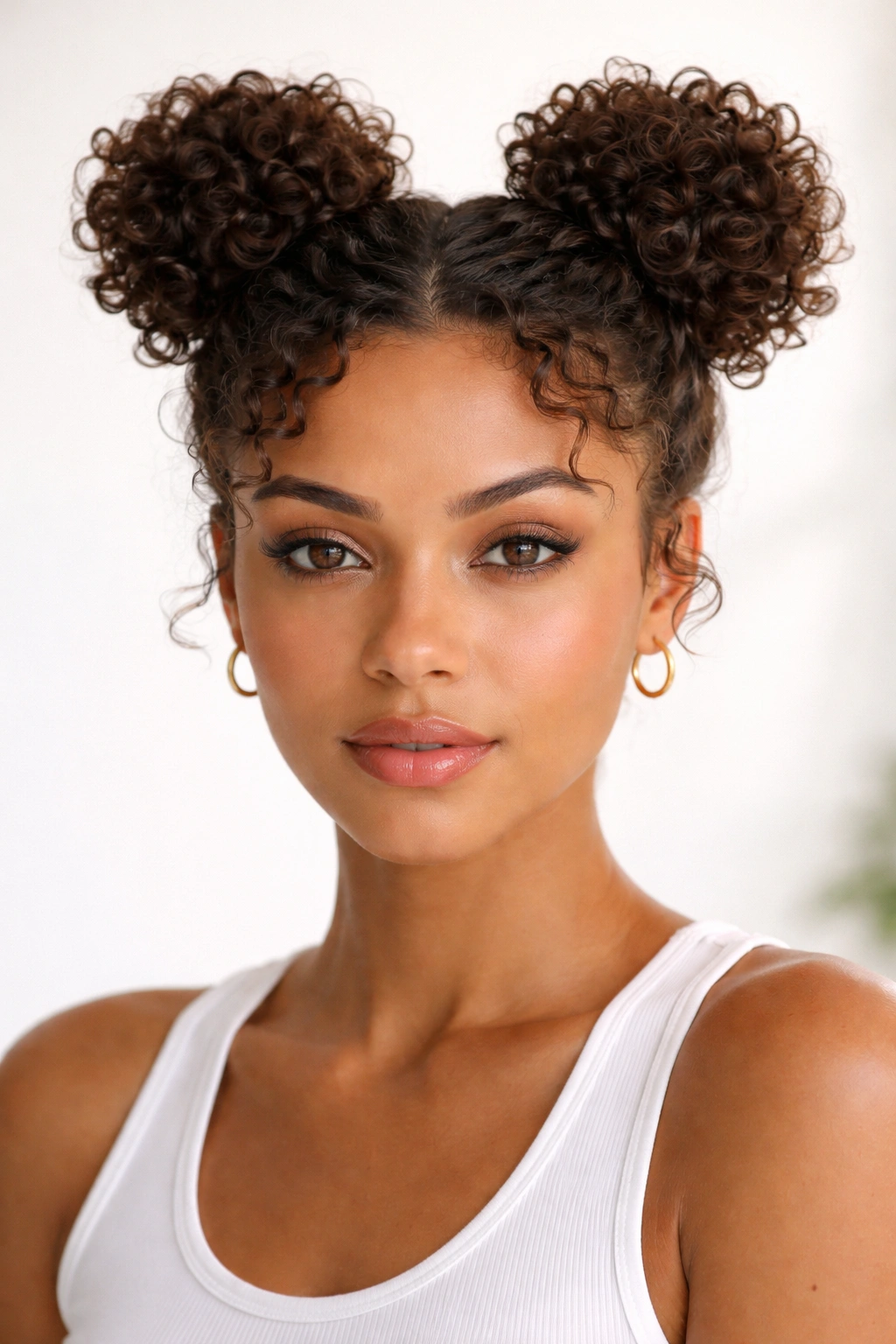 Front view of two space buns on short curly hair