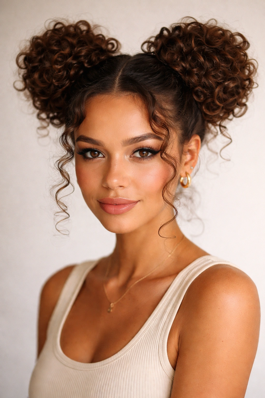 Two symmetrical space buns with curly texture above the ears