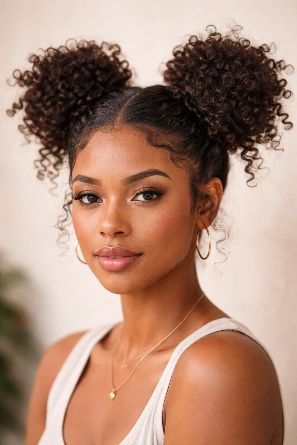 Two space buns on opposite sides of the head with curly coils