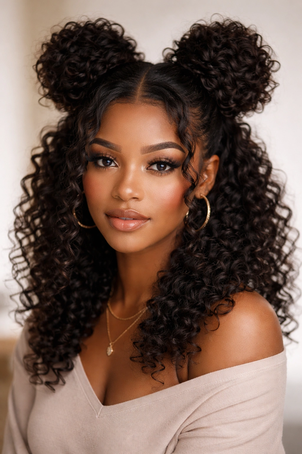 Two space buns with textured curls and loose surrounding curls