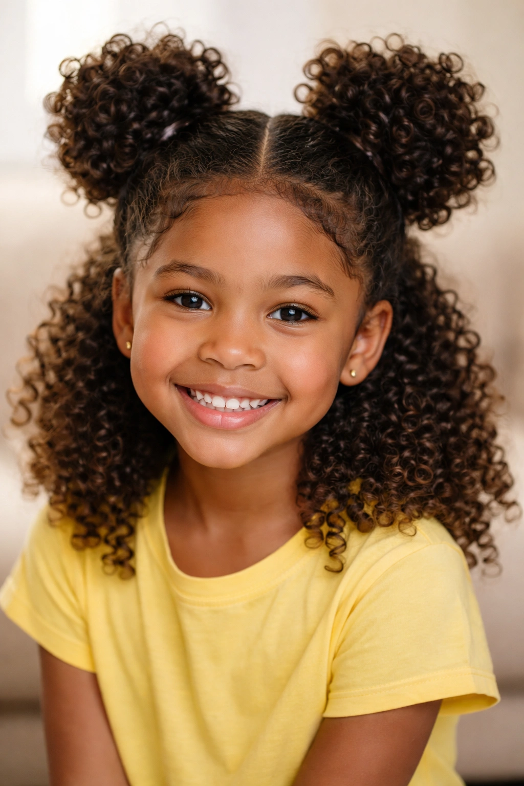 Two space buns on a child’s head with curly hair