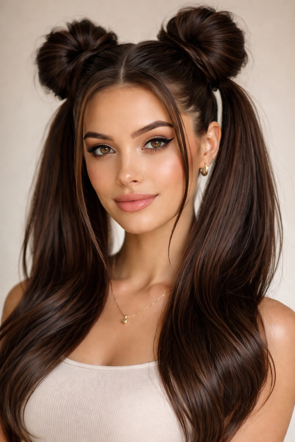 Close-up of two space buns on glossy hair, crown-level styling