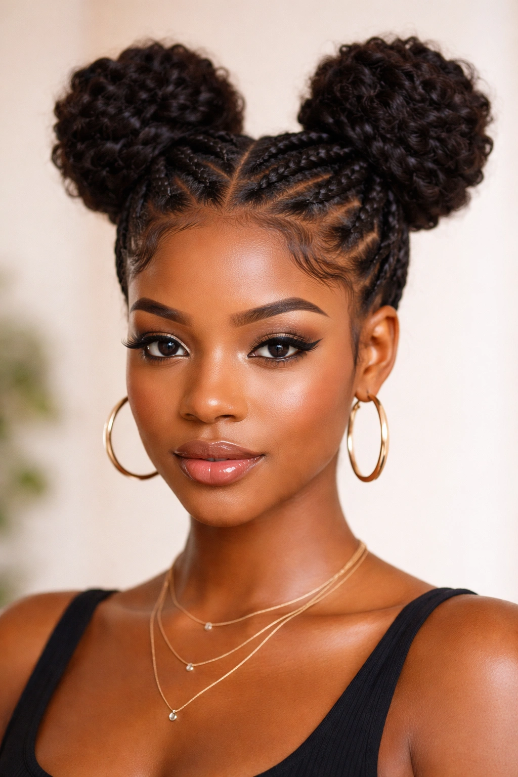 Space buns created from flat twists on top of the head.