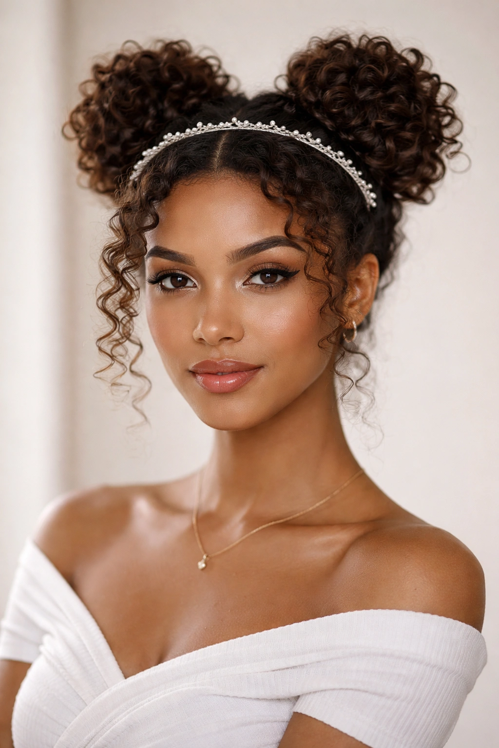 Space buns hairstyle with delicate headband accent on curly hair