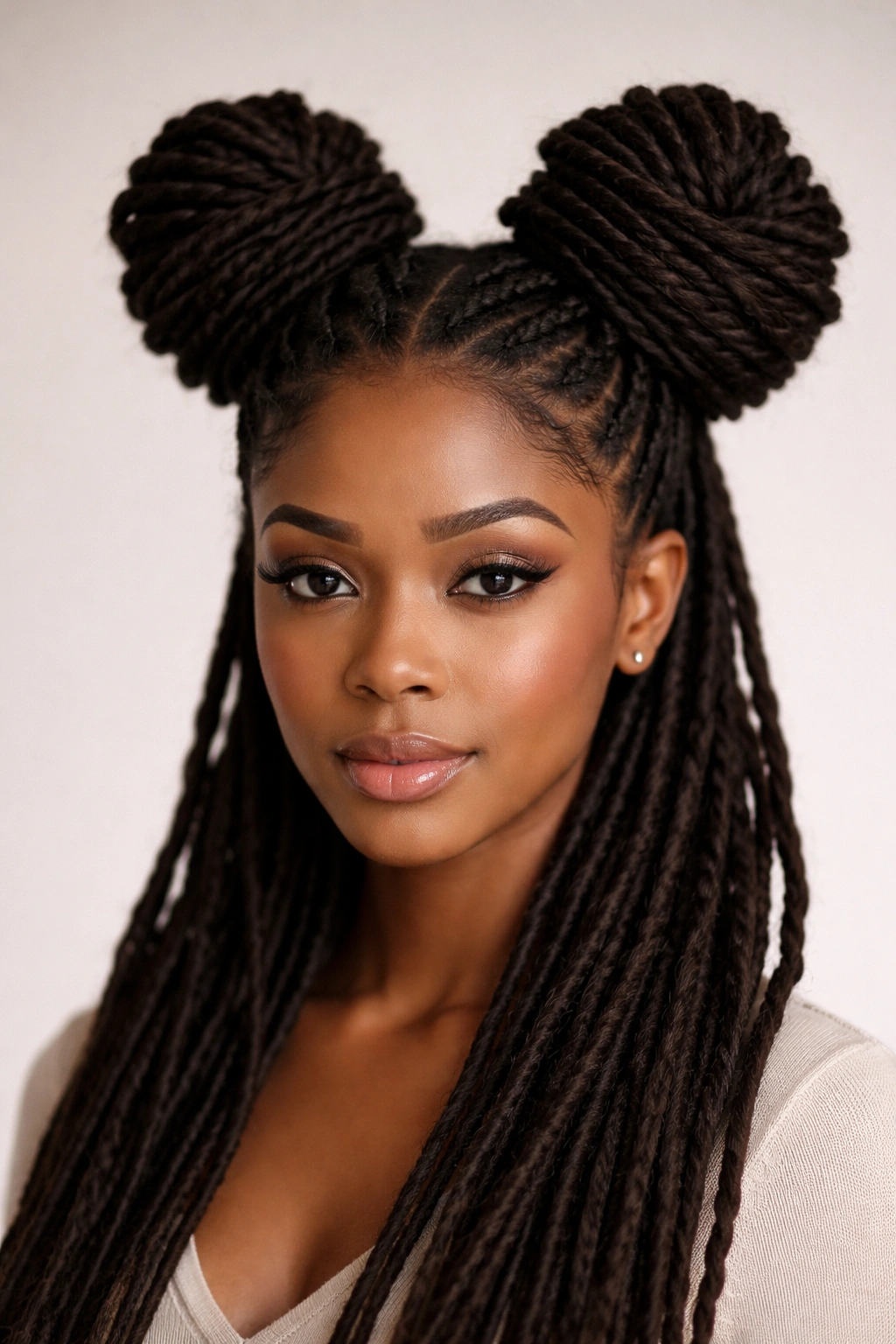 Front view of two high space buns made from locs on the crown