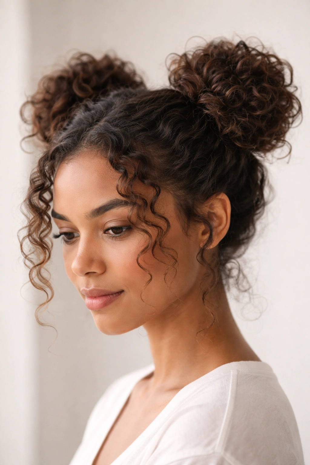 Close-up of two loose space buns high on the crown with no tension on the hairline