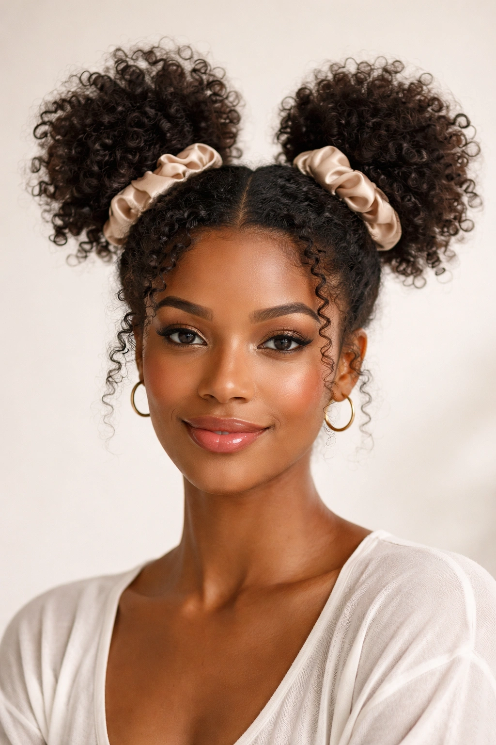 Close-up of space buns on natural hair with satin scrunchies highlighting texture