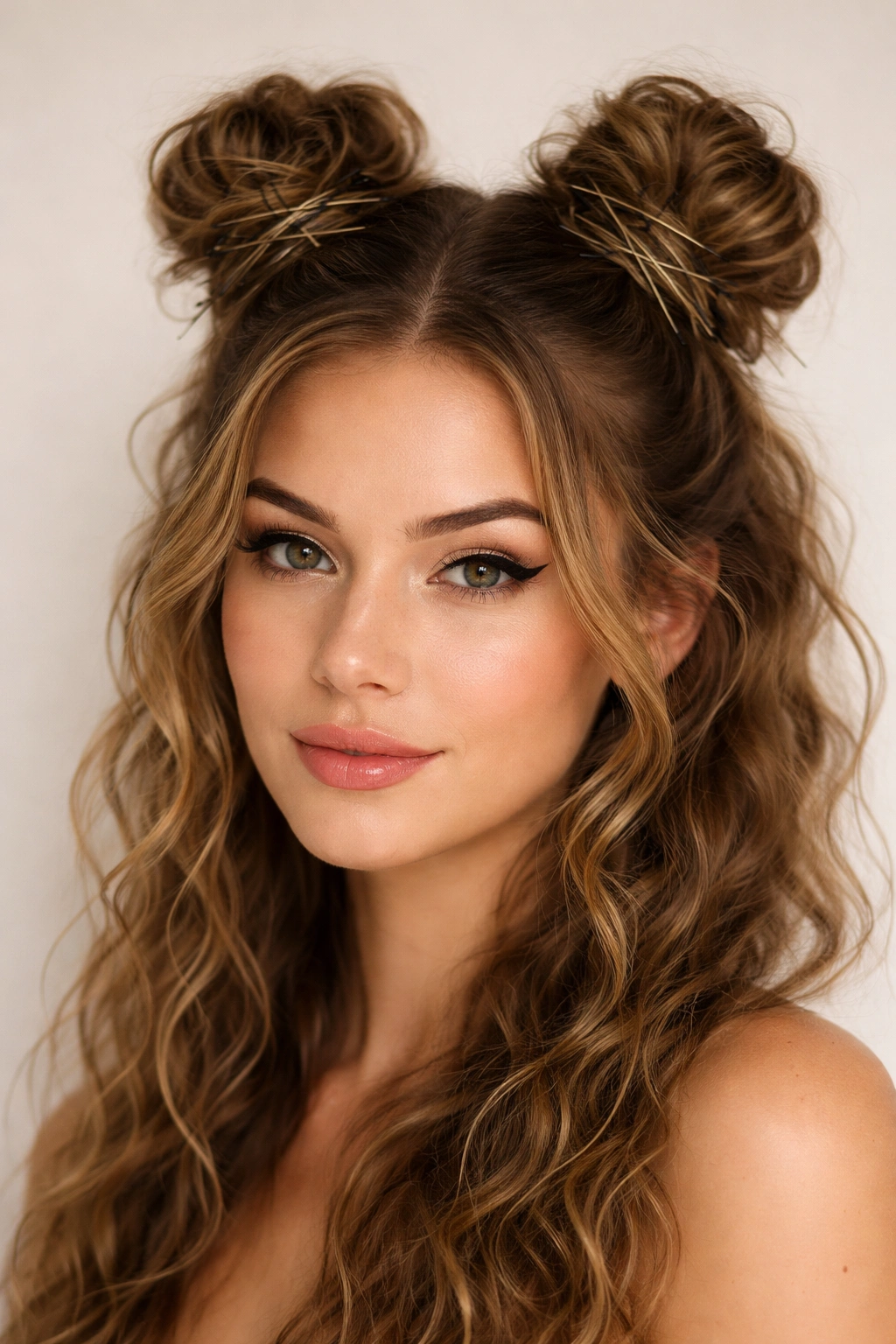 Front view of space buns secured with thin bobby pins