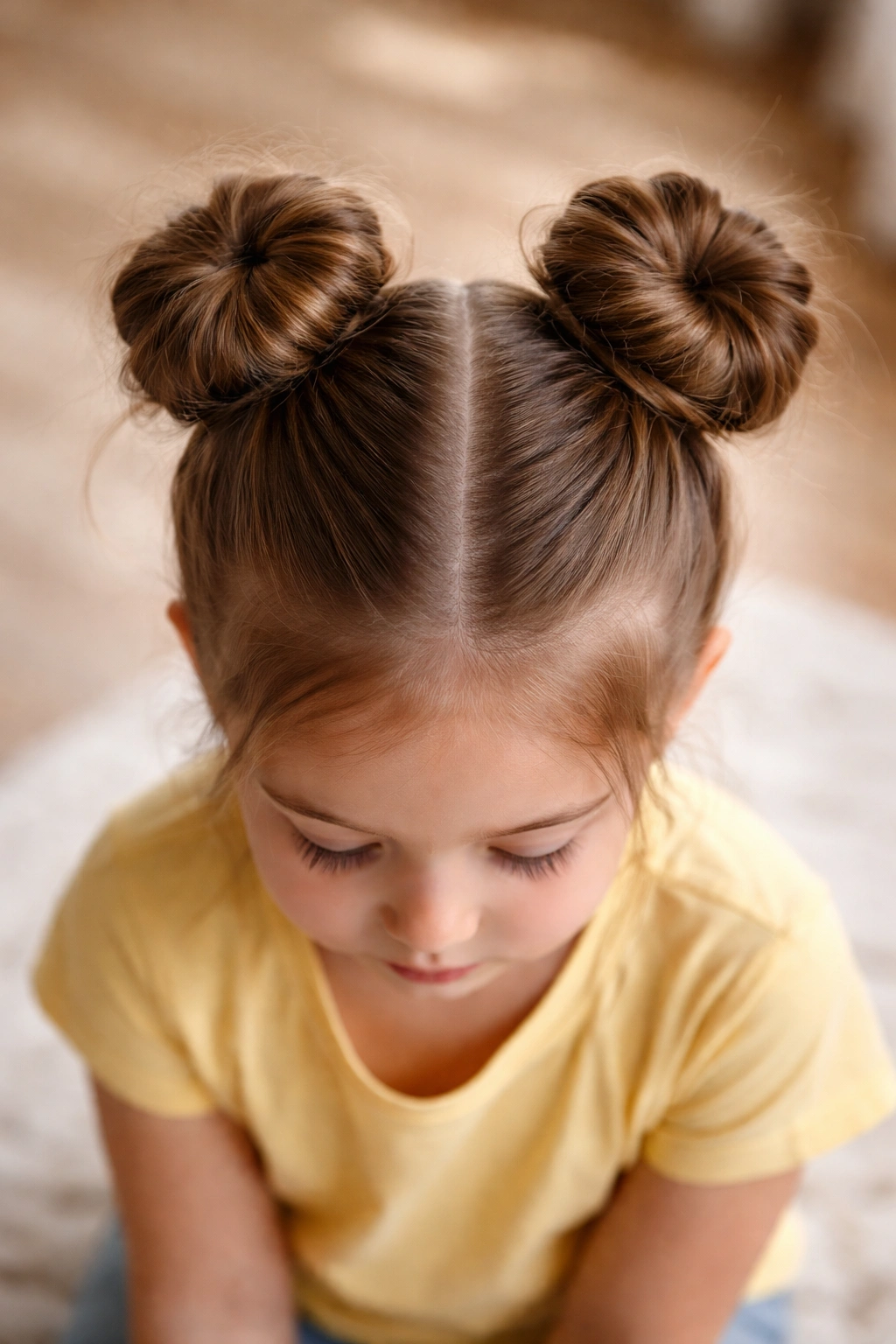 Top-down view of two space buns on a child's head