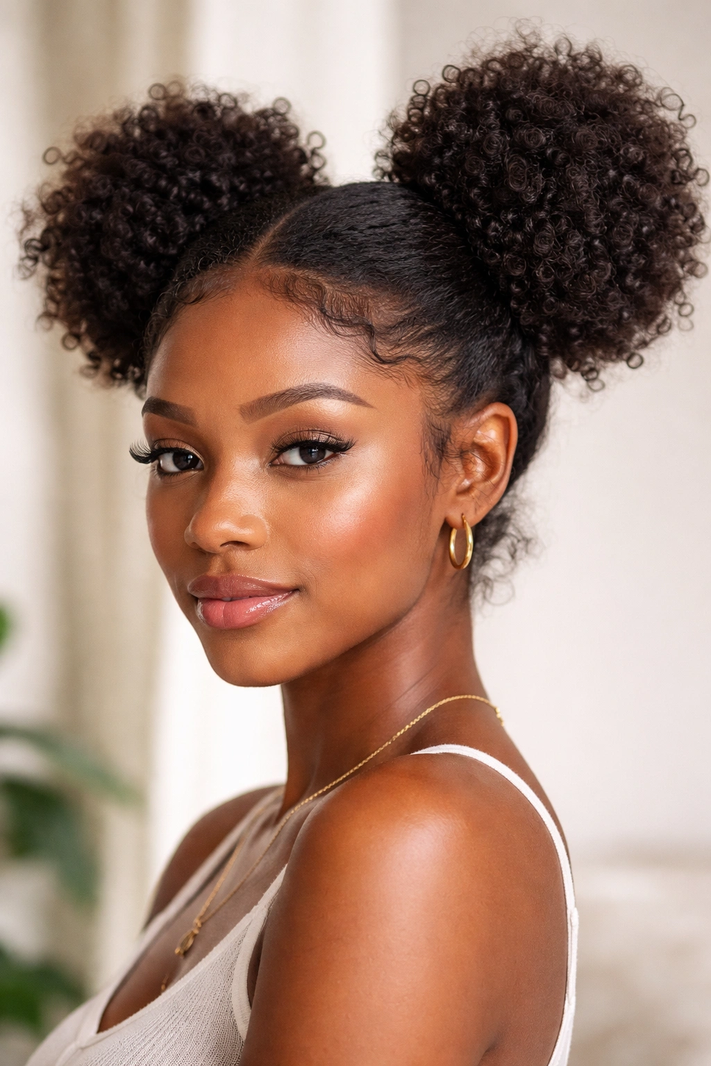 Space buns with puff texture on both sides toward the back, curls visible.