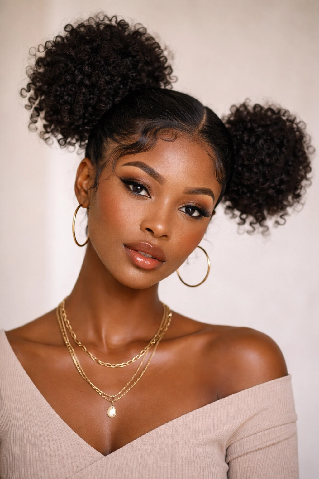 Asymmetrical side-swept space buns on Afro hair with one bun higher than the other.