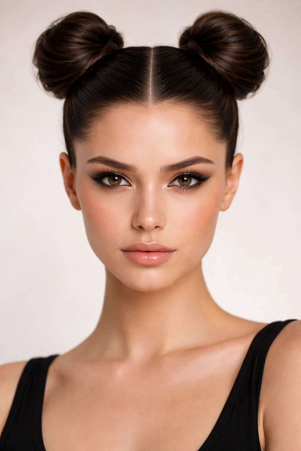 Close-up of glossy sleek space buns on a head with a crisp center part