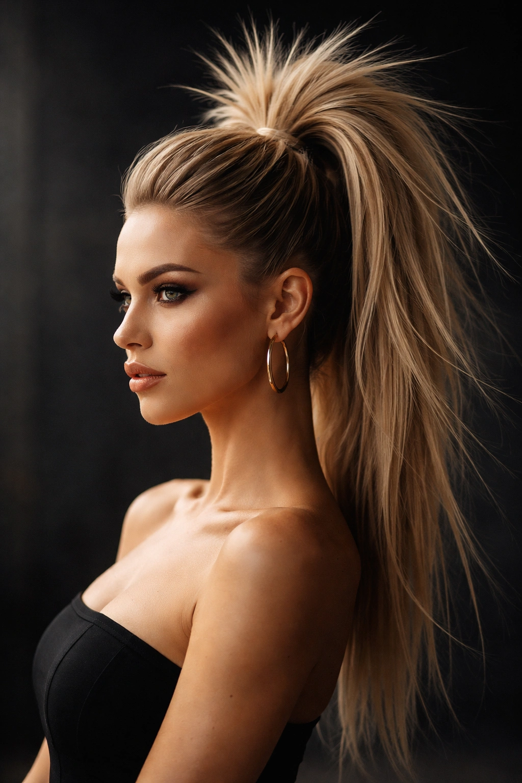 Dramatic high ponytail with teased crown and bold texture