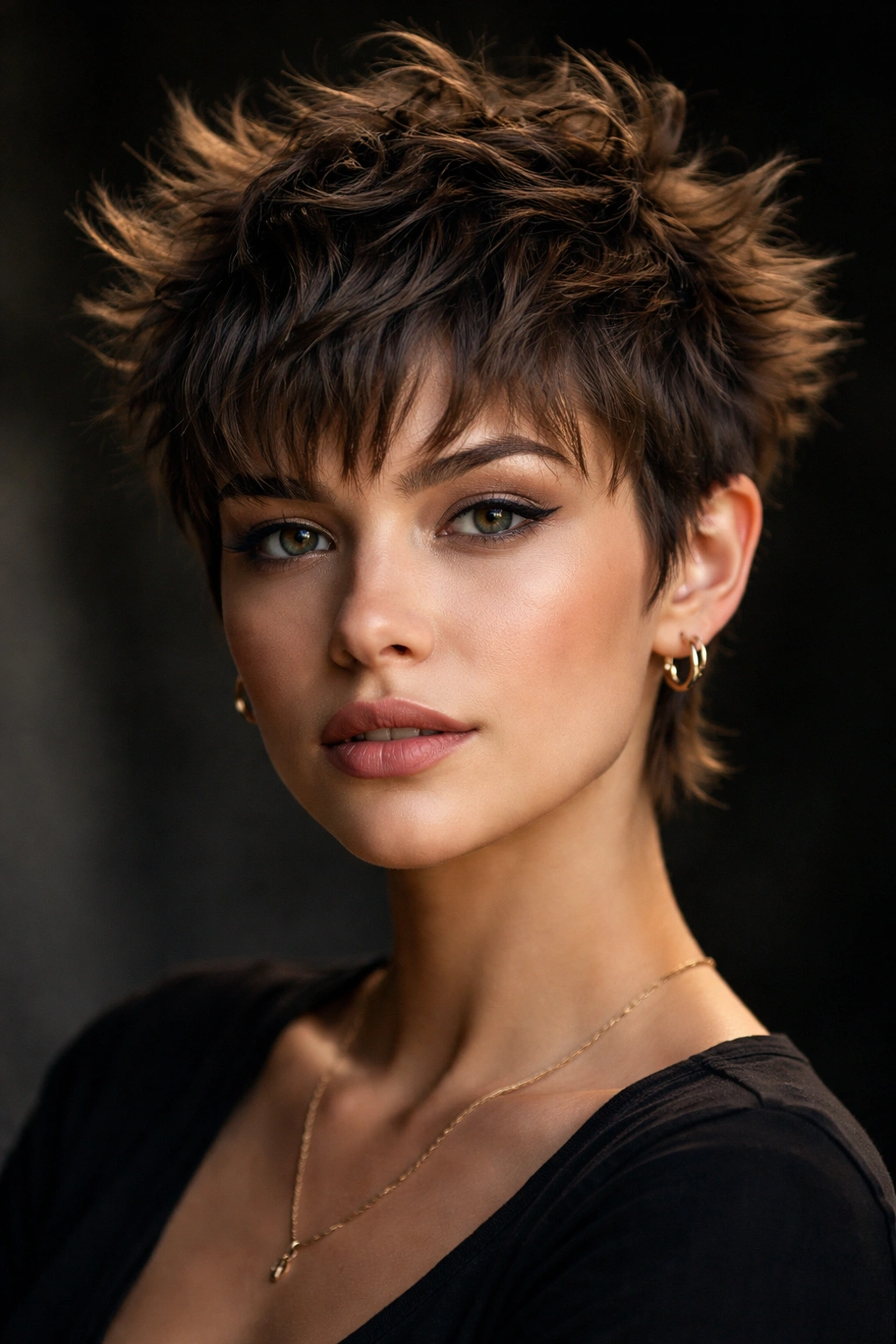 Close-up of a spiky pixie cut with textured bangs showing bold, choppy layers.
