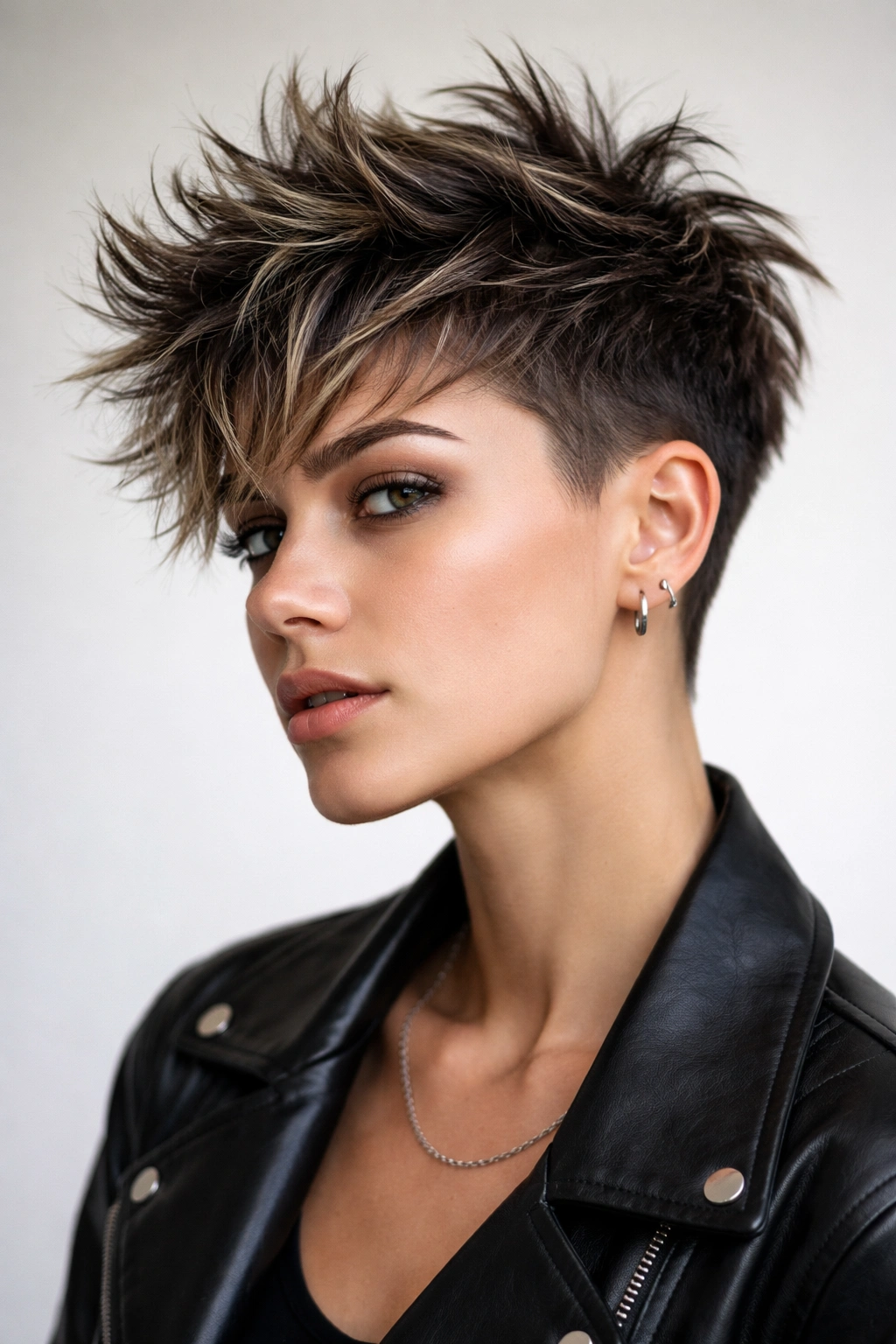 Close-up of a pixie cut with very short sides and a spiky, waved top.