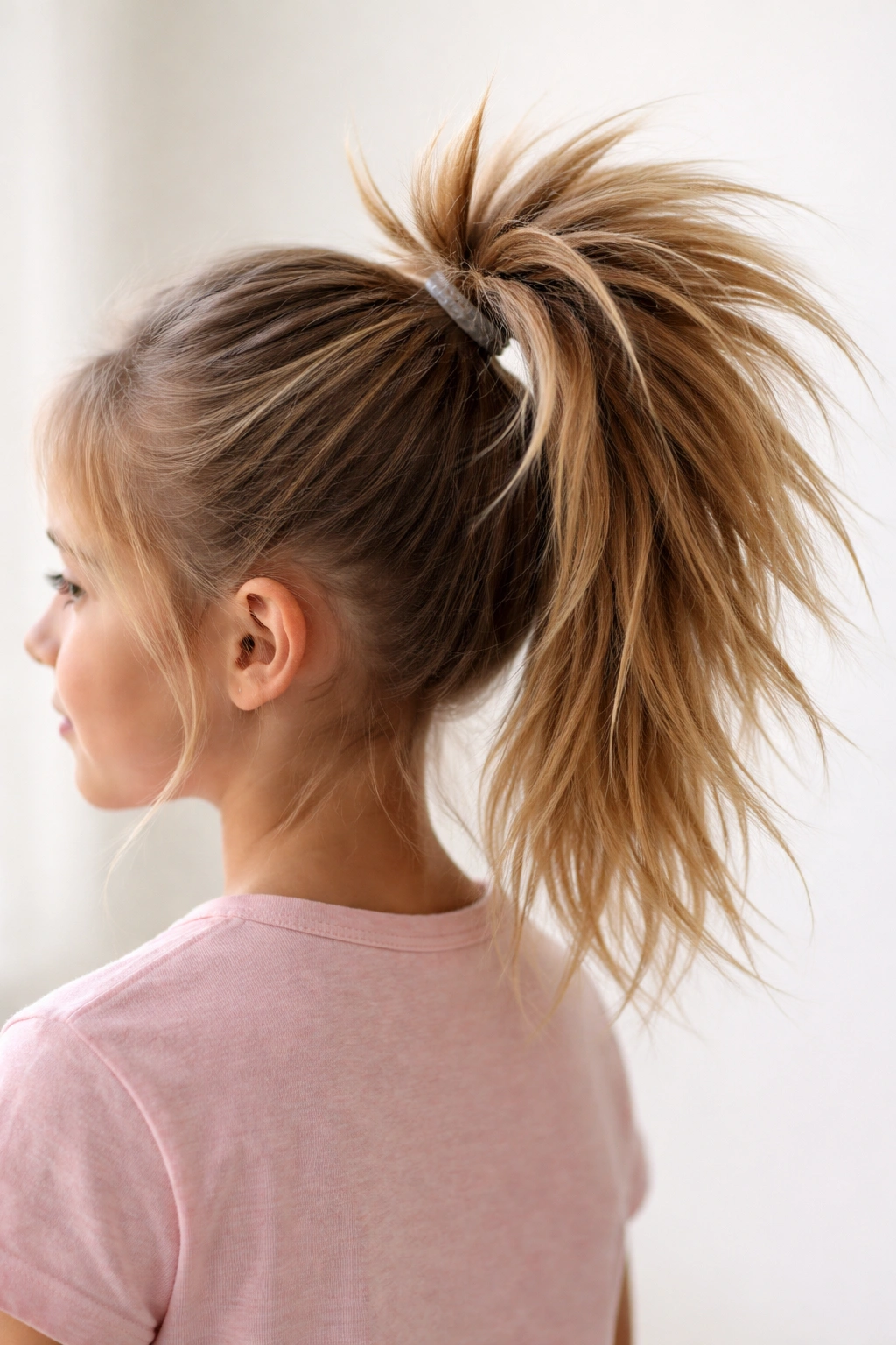 Close-up of high ponytail with spiky texture created by backcombing
