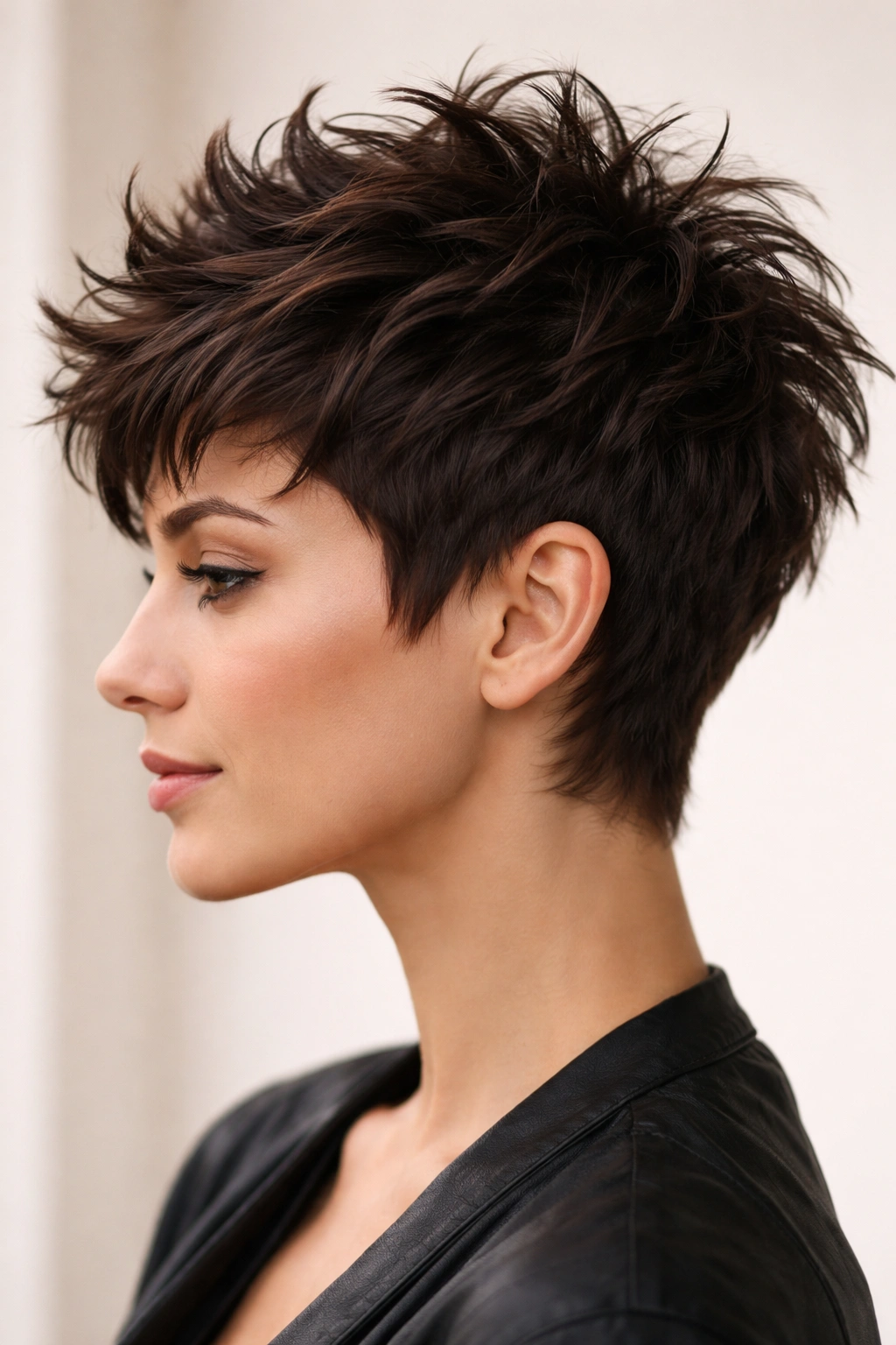 Close-up of short, spiky wavy crop in dark chocolate brown hair.