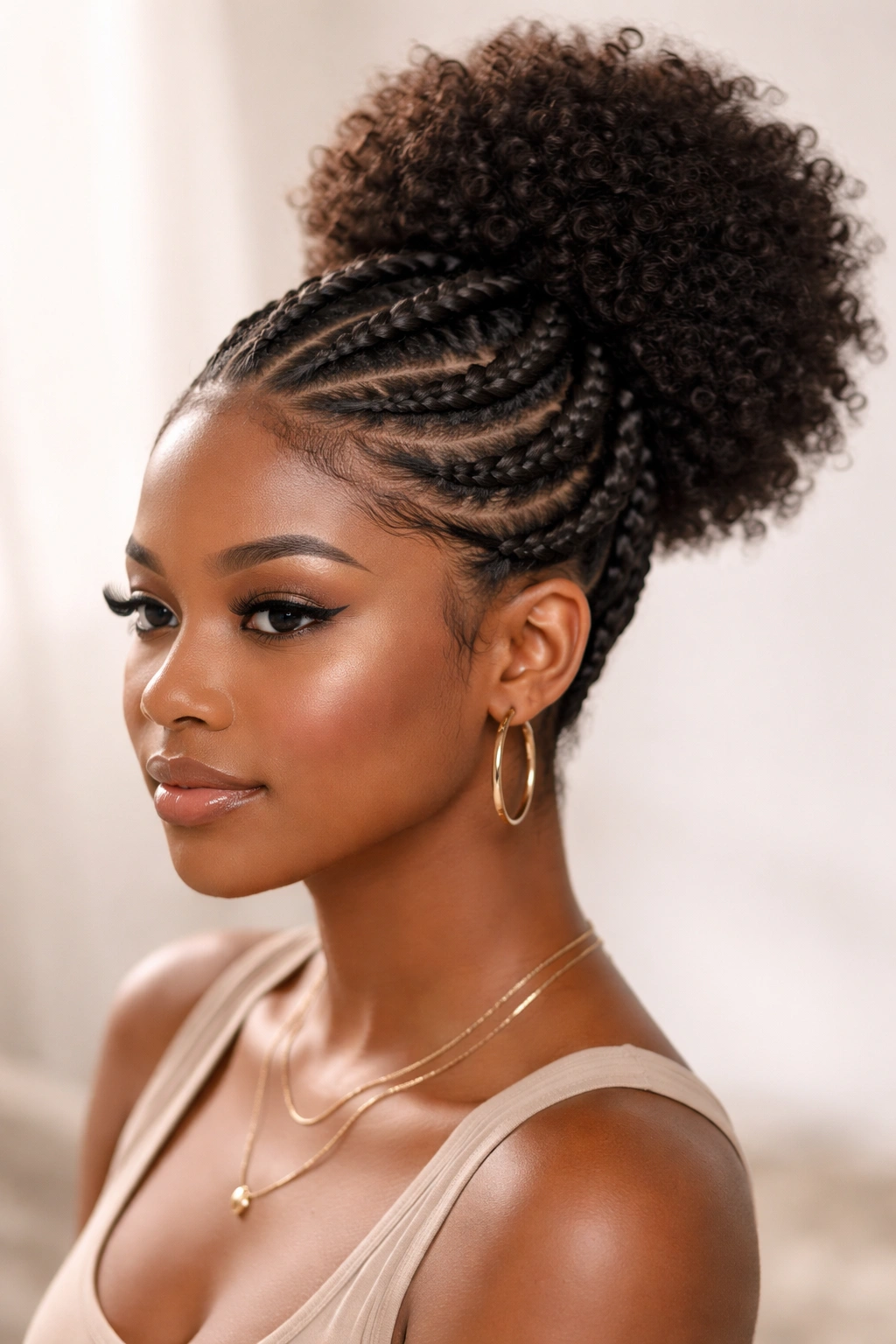 Spiral corkscrew braids twisting into a puff hairstyle.