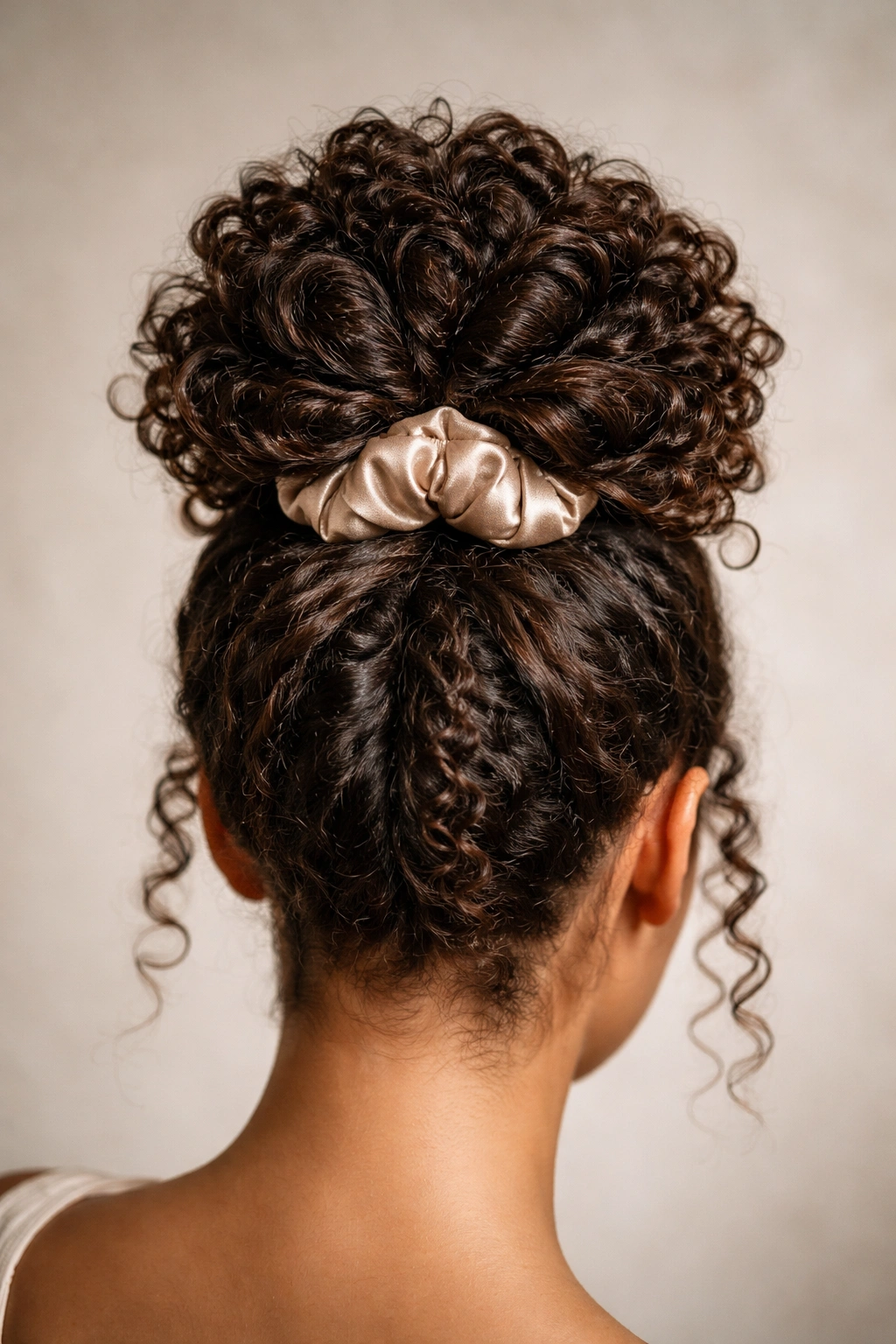 Top-down view of a sculptural spiral bun with clearly defined curl sections