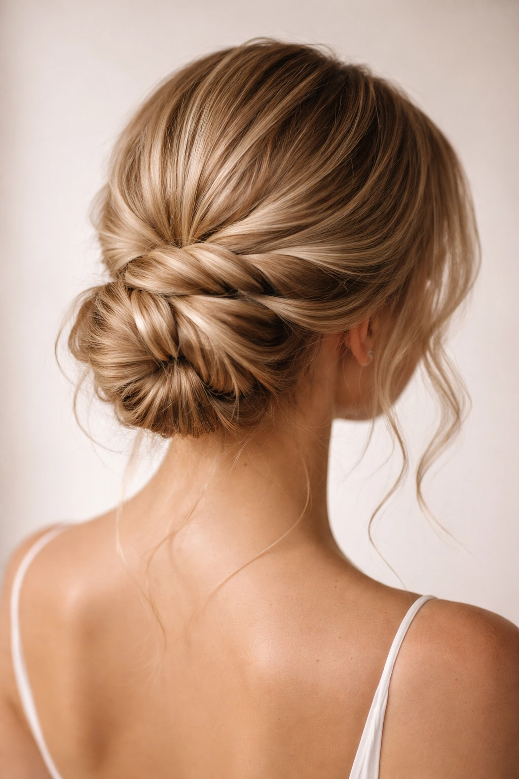 Back view of a low bun with spiraled twists and pulled sections around the face