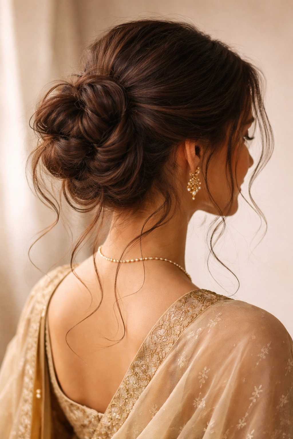 Spiral bun with wispy tendrils around face and neck