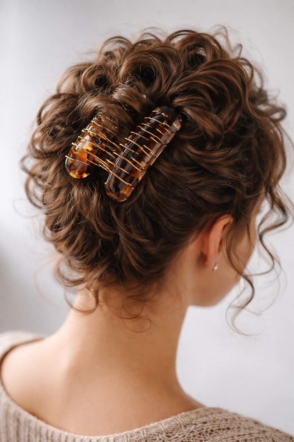 Curls gathered at the crown secured by a large clip forming a spiral