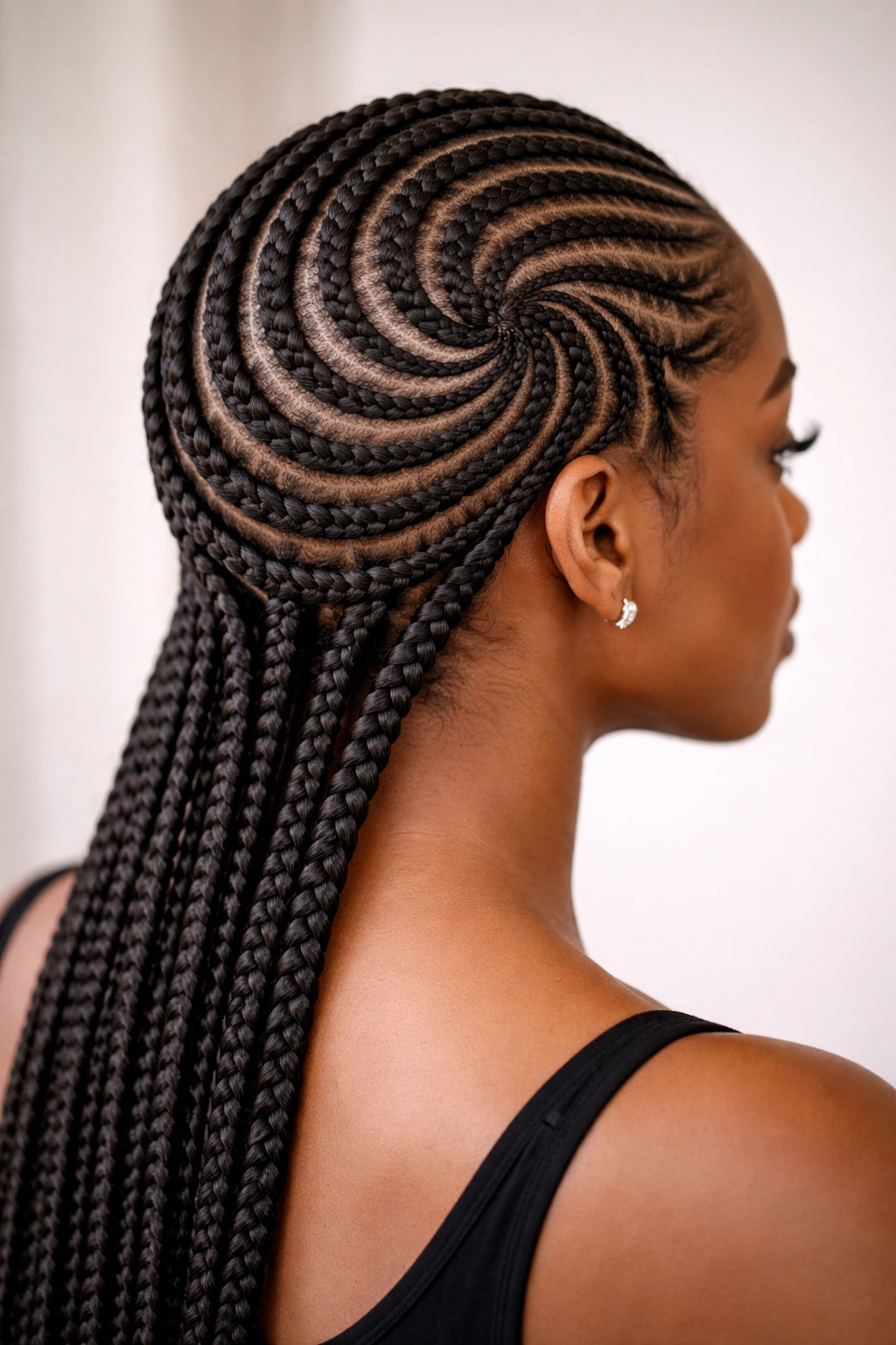 Close-up of spiral cornrows twisting around the scalp.