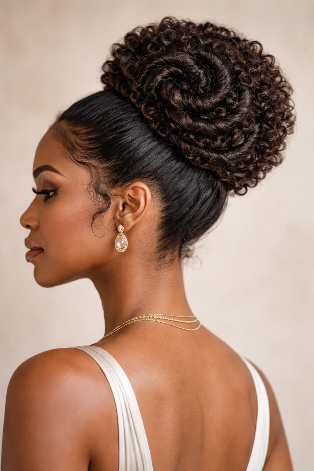 Spiral curl bun showing layered spiral curls