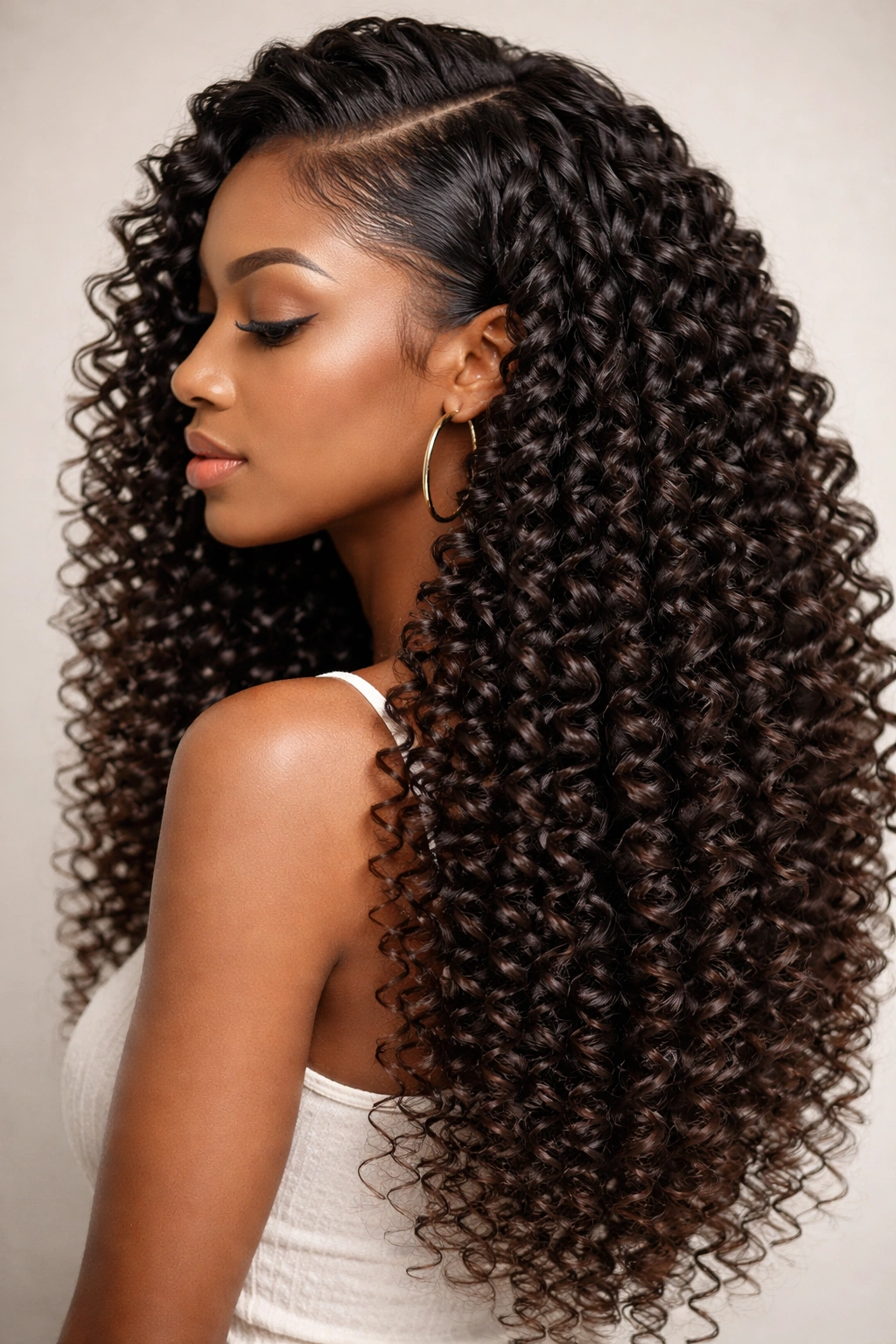 Close-up of spiral curl weave showing tight spiral coils along the hair