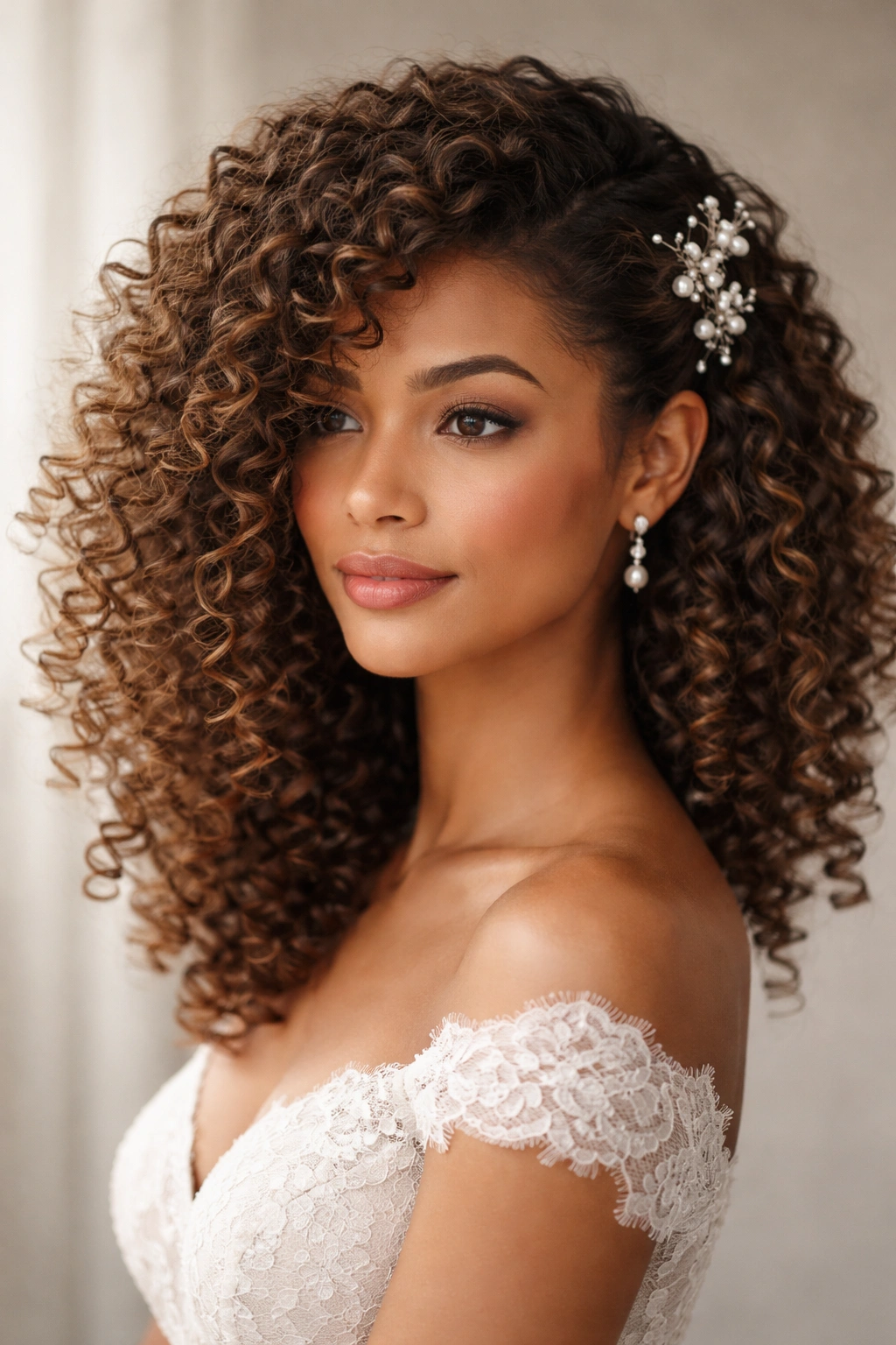 Close-up of spiral curls pinned asymmetrically on one side