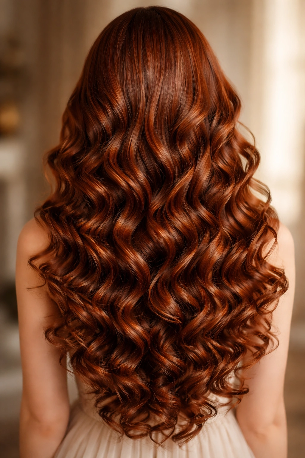 Back view of long auburn hair in romantic spiral curls